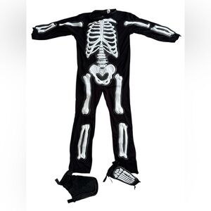 Kids‎ Skeleton Halloween Costume Black White Bones Outfit w/ Boot Covers M 8-10